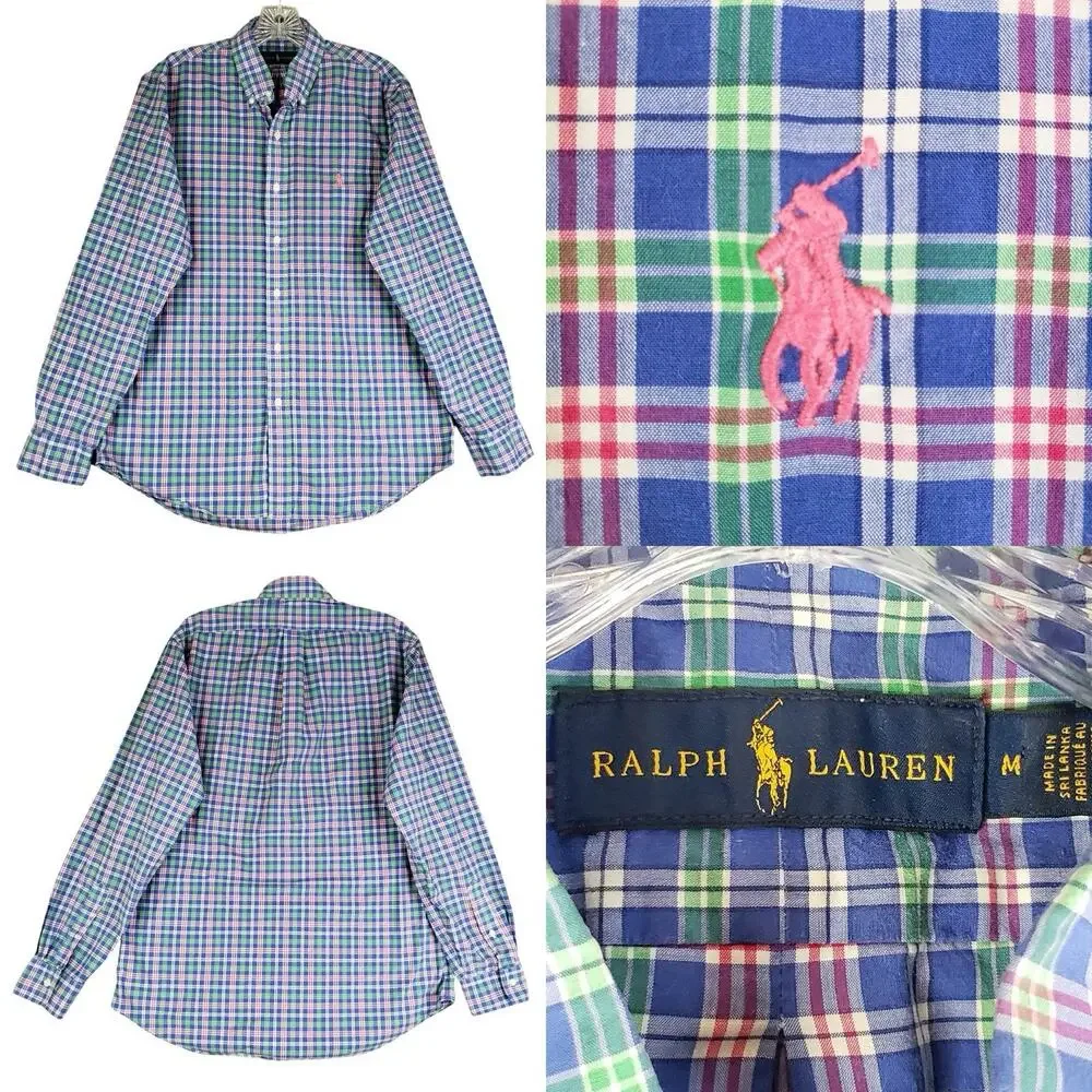 Polo Ralph Lauren Shirt Men's Medium M Blue Multicolor Plaid LS Button Down